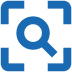 A blue square with a magnifying glass icon.