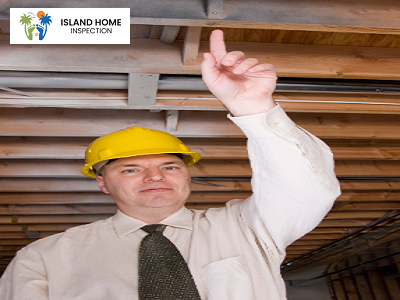 Home inspector in hard hat pointing at a ceiling feature during an inspection.